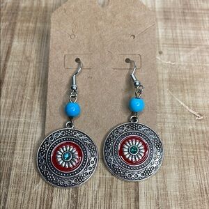 Bohemian Silver and Red Dangle Earrings